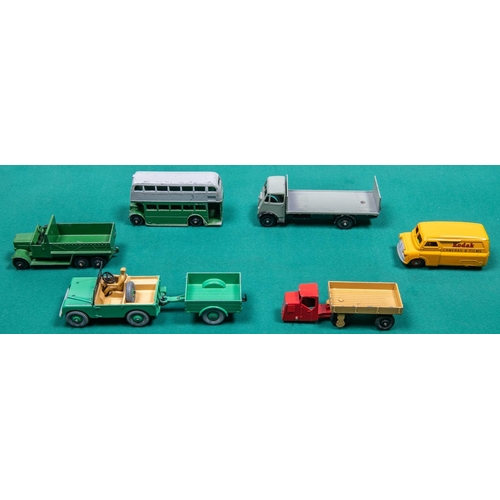 295 - 6 Dinky Toys. Guy flatbed with tailboard. In light grey with black chassis and wheels. Land Rover in... 