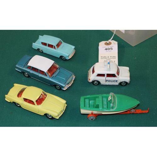 308 - 5 Dinky Toys. Austin Mini Cooper 'S' POLICE in white. Ford Anglia in turquoise. Alfa Romeo Coupe in ... 