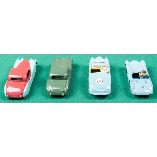 309 - 4 Dinky Toys. 2x Jaguar XK120 in dark green with light brown wheels and in turquoise and cerise with... 