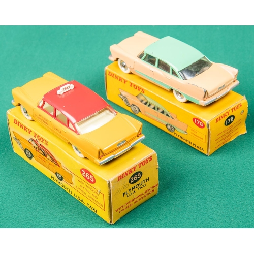 321 - 2 Dinky Toys Plymouth Plaza. A U.S.A. TAXI (265) in orange and red with cream interior, TAXI to roof... 