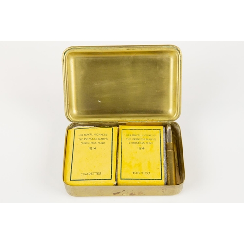 12 - A Christmas 1914 Princess Mary gift tin, containing packet of tobacco (unopened), packet of cigarett... 