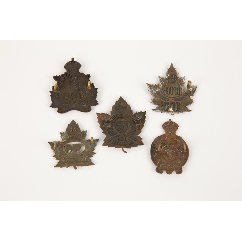 180 - 5 WWI CEF Infantry cap badges: 156th, 157th, 158th by O.B. Allan with tangs, 159th by Ellis, and 160... 