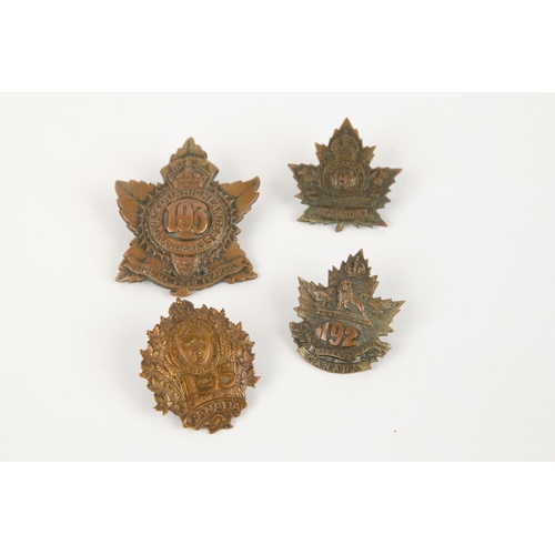 186 - 4 WWI CEF Infantry cap badges: 192nd by Black & Co, 193rd, 194th and 195th by Lees (one lug replaced... 