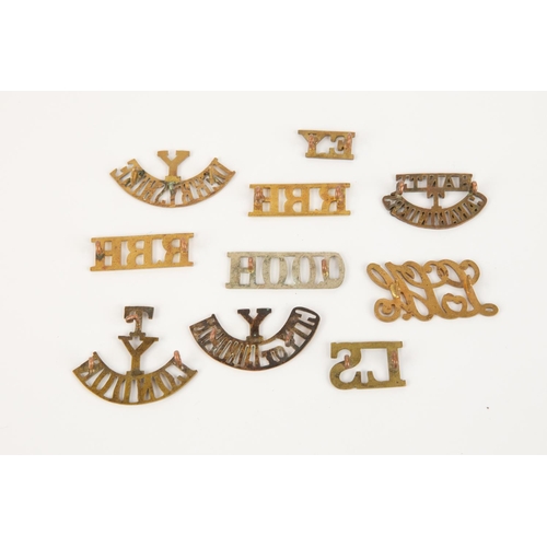 227 - 10 Yeomanry brass shoulder titles: T/Y/LONDON, Y/CITY OF LONDON, Y/DERBYSHIRE, script LSH, EY, LS, p... 