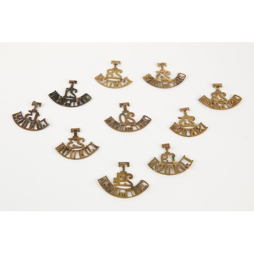 228 - 9 Territorial brass shoulder titles: T/10/SCOTTISH/LIVERPOOL, T/5/BUFFS, T/5/LINCOLN, T/5/E. SURREY,... 