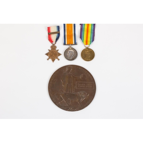 43 - Three: 1914 star with clasp, BWM, Victory (10181 Pte F H G Willey 2/R Suss R), VF, with Memorial Pla... 