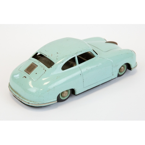 102 - A scarce JNF prototyp Porsche, tin plate clockwork model car in light blue. Made in Germany US zone,... 