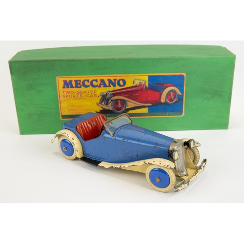 107 - A scarce 1930's Meccano two seater sports car. An non constructor example in blue with cream mudguar... 