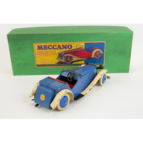 107 - A scarce 1930's Meccano two seater sports car. An non constructor example in blue with cream mudguar... 