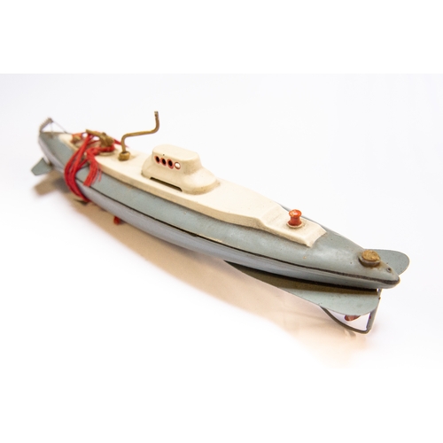 185 - CK of Japan tinplate clockwork submarine toy, dates from the 1930s, grey and cream painted submarine... 