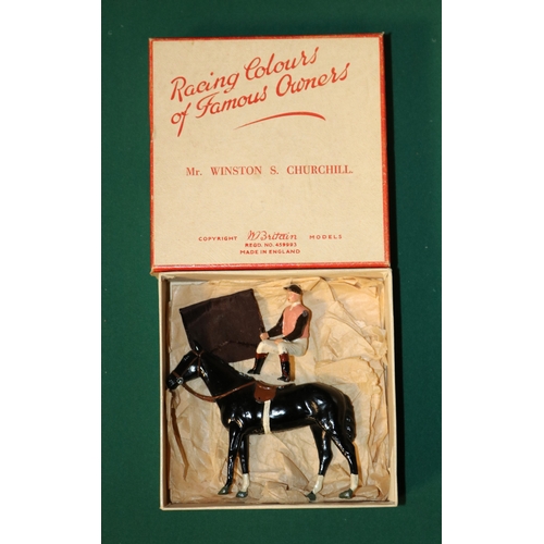 253 - Britains racing colours of famous owners. Mr. Winston Churchill. Black horse with jockey wearing pin... 