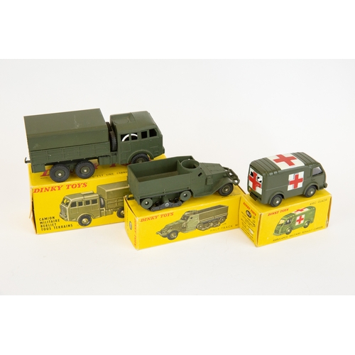 262 - 3 French Dinky. Ambulance Militaire Renault-Carrier (80F). In olive green with white panels with red... 