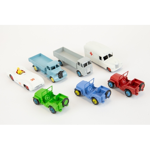 287 - 7 well restored early Dinky Toys. 3x JEEPS, colour variations. Daimler Ambulance, Forward Control Le... 