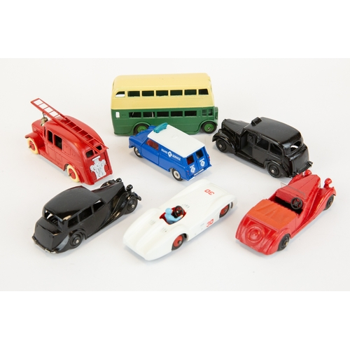 288 - 7 well restored early Dinky Toys. A Leyland Double Deck Bus, Austin FX3 TAXI, Streamlined Fire Engin... 