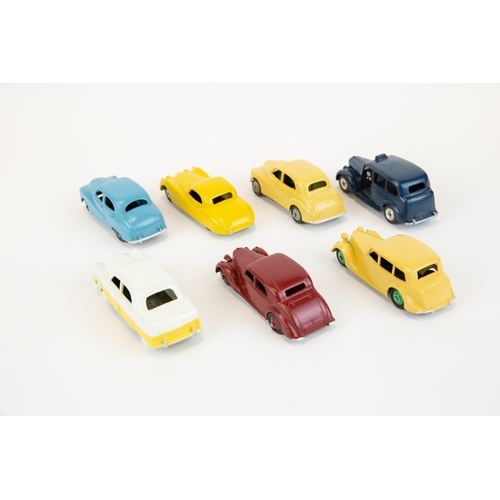 291 - 7 well restored early Dinky Toys. Austin Somerset Saloon, Raleigh, Morris Oxford, Jaguar XK120, Triu... 