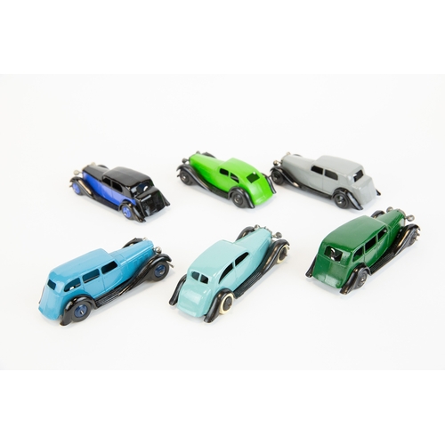 299 - 6 well restored Dinky Toys 30/36 Series cars. 2x Daimler, Vauxhall, Rolls Royce, Rover and an Armstr... 