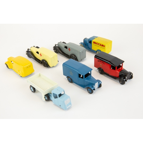 304 - 6 well restored early Dinky Toys. 2x 24a Ambulance, cream and grey examples. 2x Royal Mail Vans, one... 