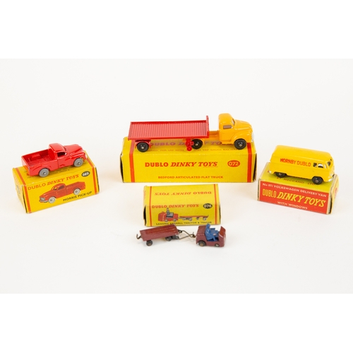 312 - 4 Dublo Dinky Toys. Bedford Articulated Flat Truck (072). Cab inn yellow with red trailer, black pla... 