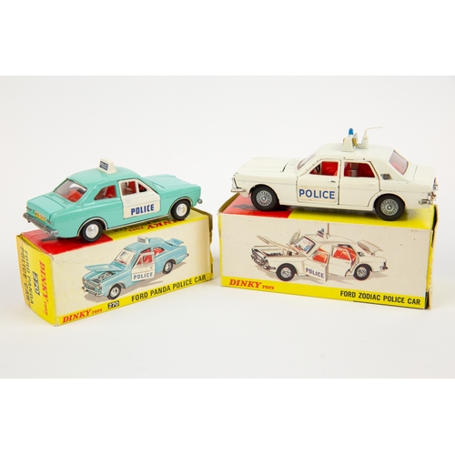 325 - 2 Dinky Toys POLICE Cars. Ford Zodiac (255) in white with red interior and dark metallic grey base, ... 