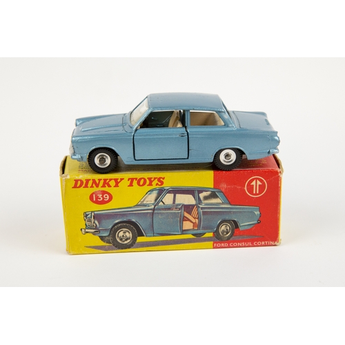 328 - 2 Dinky Toys. Ford Consul Cortina (139). Example in light metallic blue with cream interior. Plus a ... 