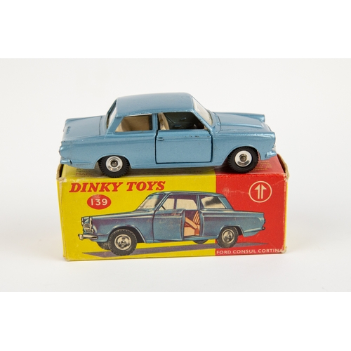 328 - 2 Dinky Toys. Ford Consul Cortina (139). Example in light metallic blue with cream interior. Plus a ... 