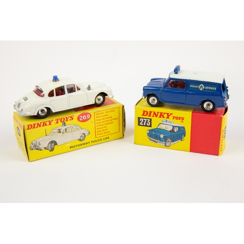 329 - 2 Dinky Toys. R.A.C. Patrol Mini Van (273). In dark blue with white roof with red interior, 'ROAD SE... 