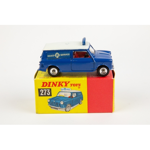 329 - 2 Dinky Toys. R.A.C. Patrol Mini Van (273). In dark blue with white roof with red interior, 'ROAD SE... 