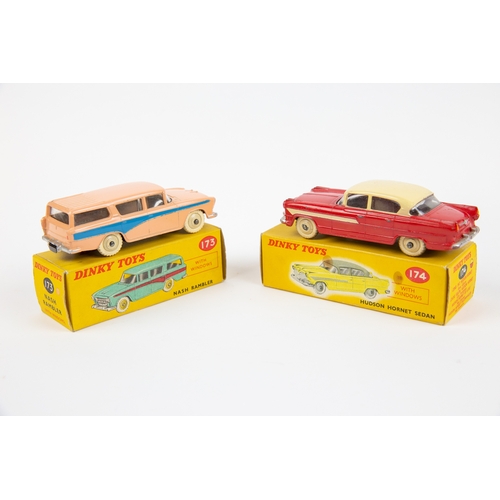 330 - 2 Dinky Toys. Nash Rambler (173). In pink with mid blue flash and cream wheels. Plus a Hudson Hornet... 