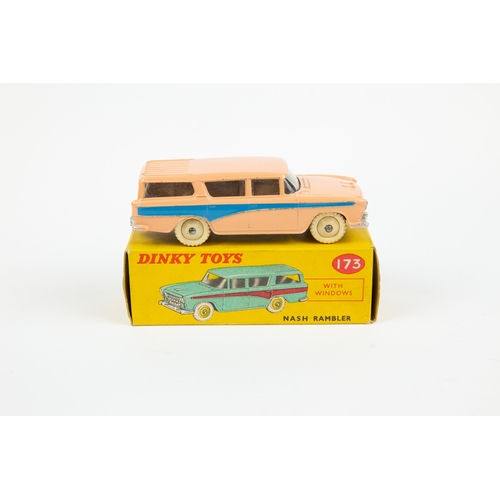 330 - 2 Dinky Toys. Nash Rambler (173). In pink with mid blue flash and cream wheels. Plus a Hudson Hornet... 