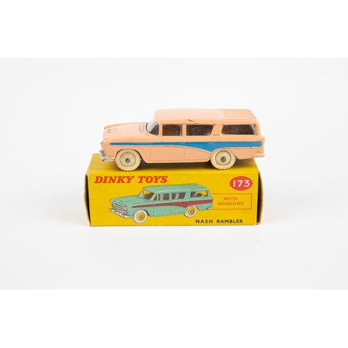 330 - 2 Dinky Toys. Nash Rambler (173). In pink with mid blue flash and cream wheels. Plus a Hudson Hornet... 