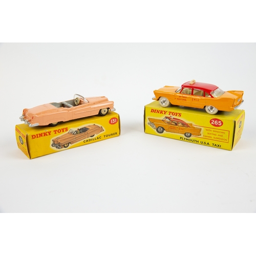 333 - 2 Dinky Toys. Cadillac Tourer (Eldorado) (131). An example in pink with light grey interior and crea... 