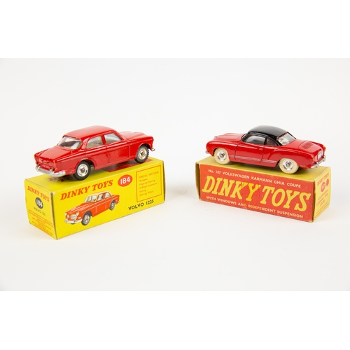 334 - 2 Dinky Toys.  Volkswagen Karmann Ghia Coupe (187). Example in red with black roof, spun wheels with... 