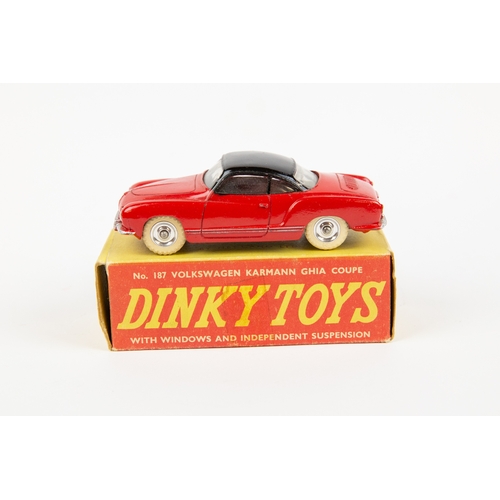 334 - 2 Dinky Toys.  Volkswagen Karmann Ghia Coupe (187). Example in red with black roof, spun wheels with... 