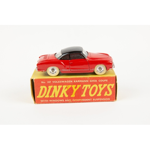 334 - 2 Dinky Toys.  Volkswagen Karmann Ghia Coupe (187). Example in red with black roof, spun wheels with... 