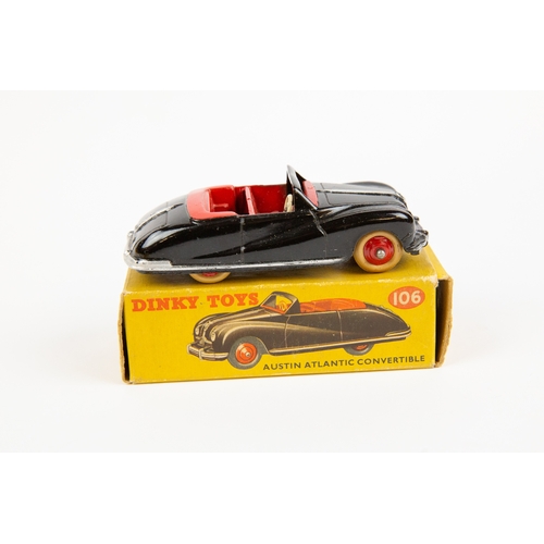 335 - 2 Dinky Toys. Austin Atlantic Convertible (106). An example in  black with silver trim, red interior... 