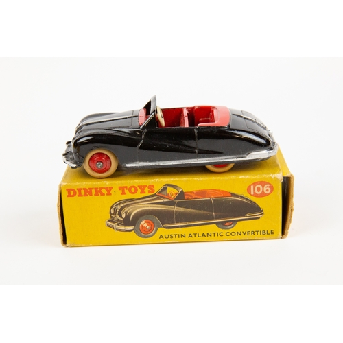 335 - 2 Dinky Toys. Austin Atlantic Convertible (106). An example in  black with silver trim, red interior... 