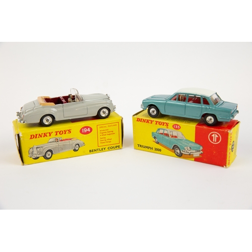 336 - 2 Dinky Toys. Triumph 2000 (135). In metallic light green with cream roof and red interior, small sp... 