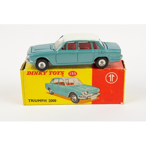 336 - 2 Dinky Toys. Triumph 2000 (135). In metallic light green with cream roof and red interior, small sp... 