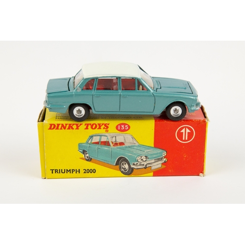 336 - 2 Dinky Toys. Triumph 2000 (135). In metallic light green with cream roof and red interior, small sp... 