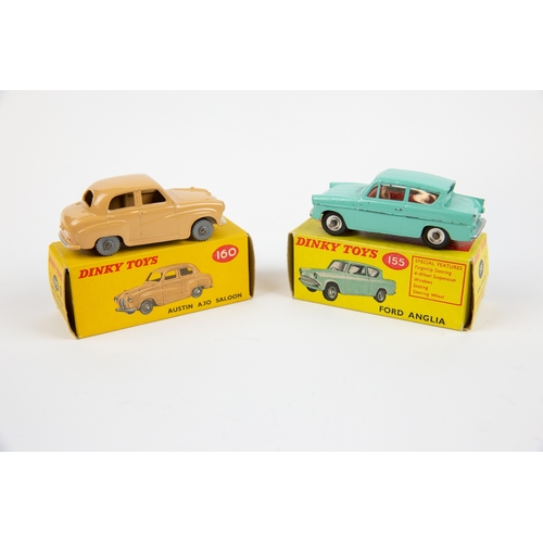 339 - 2 Dinky Toys. Ford Anglia (155). In turquoise with red interior, small dished spun wheels and black ... 