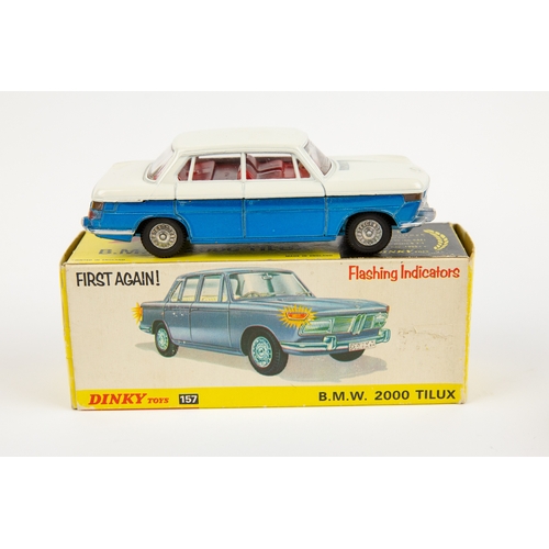 343 - 2 Dinky Toys. B.M.W. 2000TiLux (157). In metallic blue and white with red interior, with battery pow... 