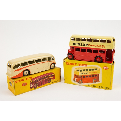 347 - 2 Dinky Toys. Luxury Coach (281). In cream with orange flash and cream wheels. Plus a Double Deck Bu... 