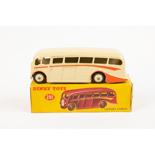 347 - 2 Dinky Toys. Luxury Coach (281). In cream with orange flash and cream wheels. Plus a Double Deck Bu... 