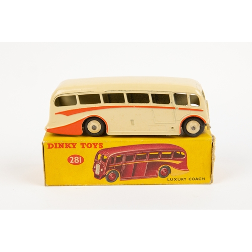 347 - 2 Dinky Toys. Luxury Coach (281). In cream with orange flash and cream wheels. Plus a Double Deck Bu... 