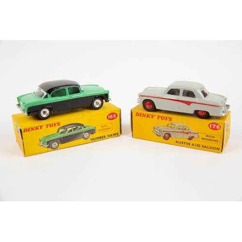 349 - 2 Dinky Toys. Humber Hawk (165). An example in light green and black with black roof and spun wheels... 