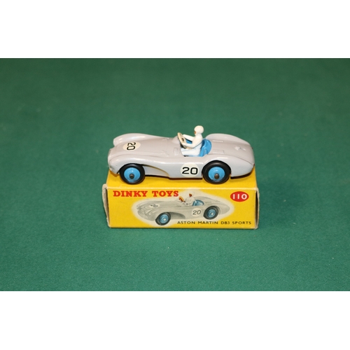 366 - Dinky Toys Aston Martin DB3 Sports (110). In light grey with blue interior and wheels, with driver, ... 