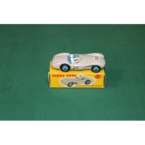 366 - Dinky Toys Aston Martin DB3 Sports (110). In light grey with blue interior and wheels, with driver, ... 