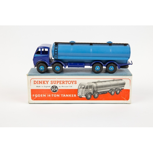 369 - Dinky Toys Foden 14-Ton Tanker (504). A DG example with violet blue chassis cab with mid-blue flash,... 