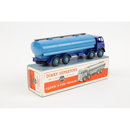 369 - Dinky Toys Foden 14-Ton Tanker (504). A DG example with violet blue chassis cab with mid-blue flash,... 