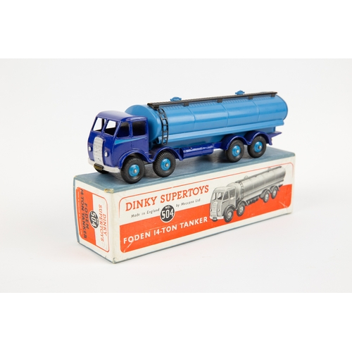 369 - Dinky Toys Foden 14-Ton Tanker (504). A DG example with violet blue chassis cab with mid-blue flash,... 